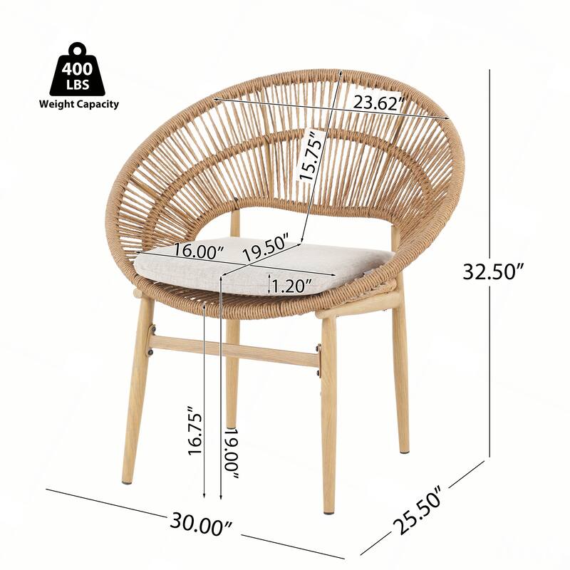 Outdoor Wicker Papasan Style Dining Chair with Beige Cushion, Set of 2