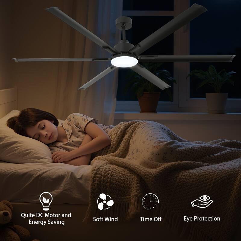 60"/72"/84" Black Modern Downrod Mount Ceiling Fan with LED Light, 6 Aluminum Blades, DC Motor, 6 Speed Reversible
