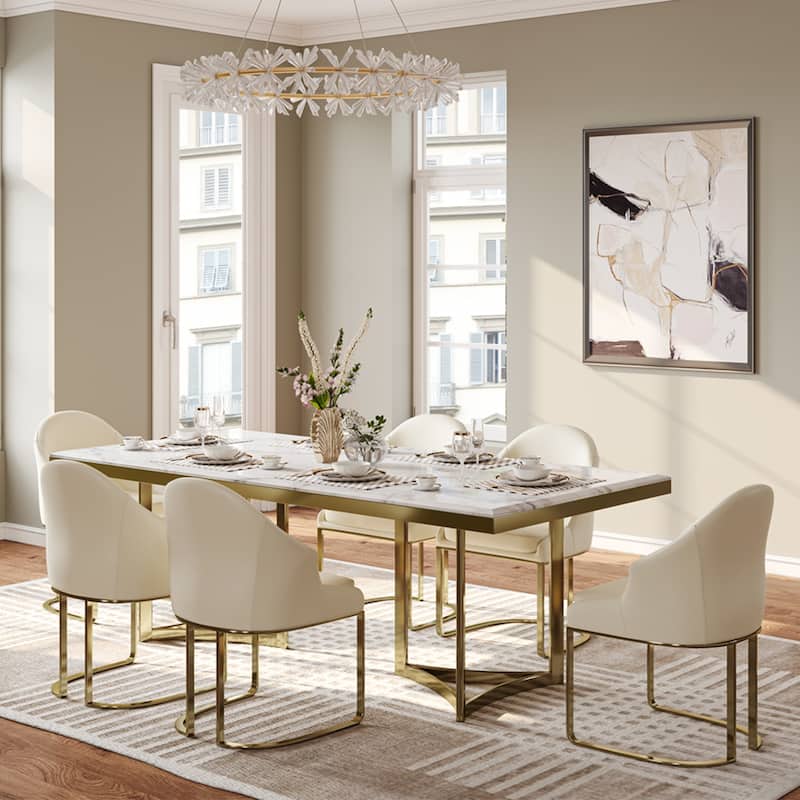 Modern Marble Dining Table with White Rectangular Tabletop Gold Stainless Legs, Dining Room Table
