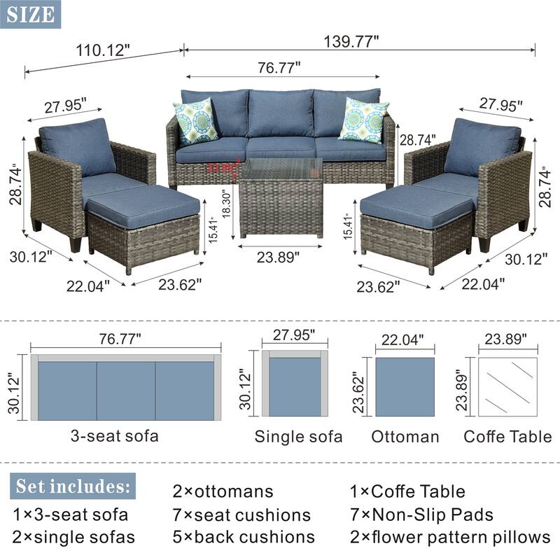OVIOS 6-piece Outdoor Patio Wicker Conversation Set With Glass-Top Table