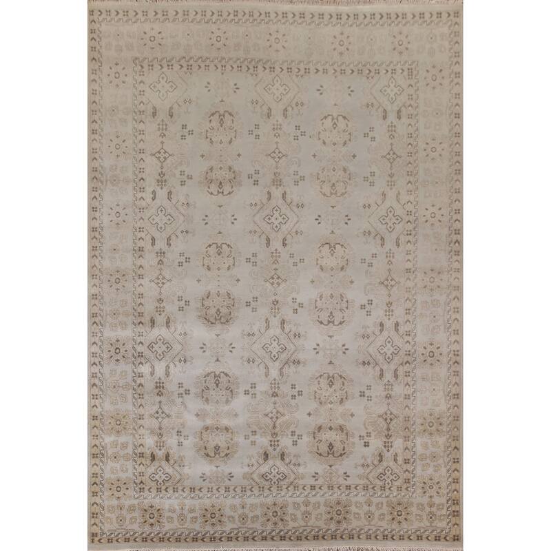 Geometric Oushak Area Rug Hand-Knotted Oriental Wool Carpet - 9'0"x 11'9"