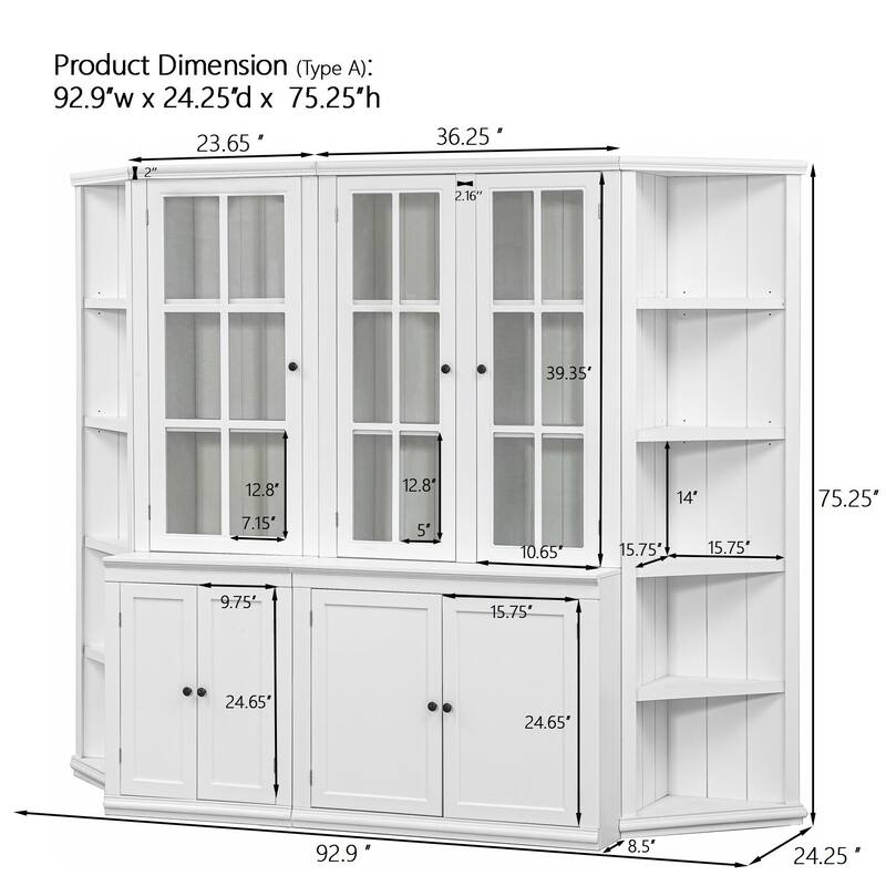 Roomfitters 75.25'' Display Cabinet with Glass Doors and Two Triangle Bookshelves, Retro Wall Storage Unit for Living Room