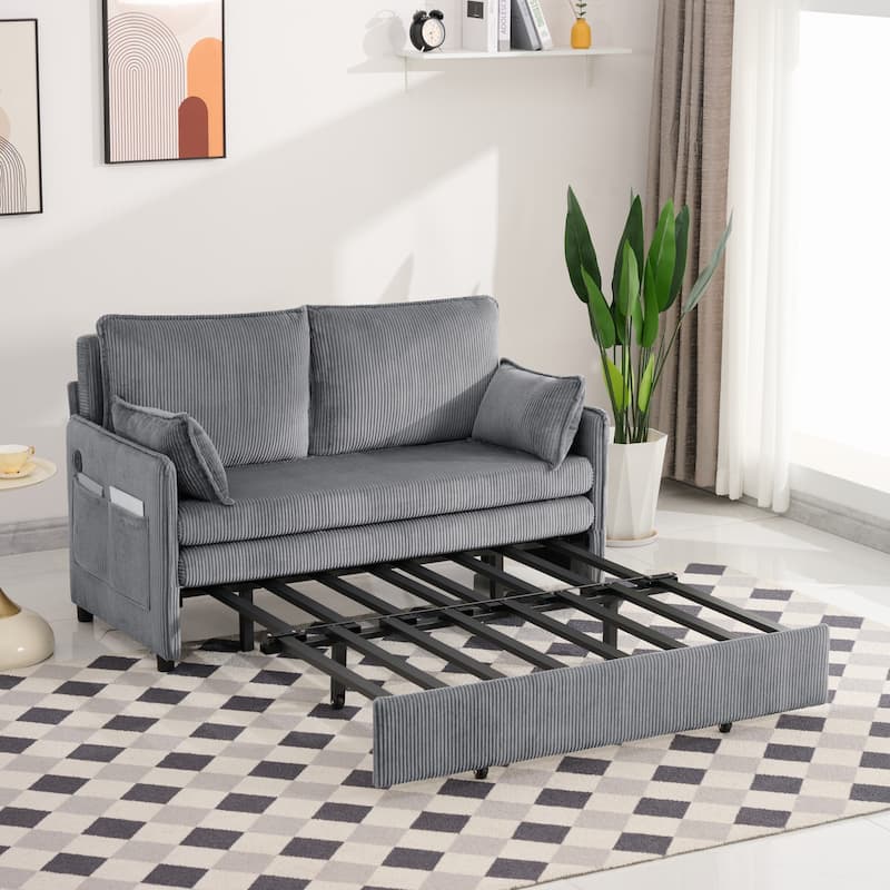Roomfitters 55" Modern Corduroy Sofa Bed with Pull-out Sleeper Design, Modular Daybed with Storage Pocket & Pillows
