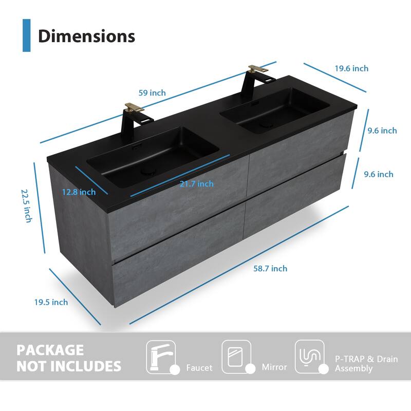 RupheonD 60" Cement Grey Bathroom Vanity with Black Quartz Top - 60 in. Vanity