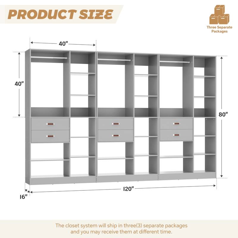 40'' Large Closet System with 10 Shelves and 2 Drawers, Freestanding Closet Organizer with Hanging Rods