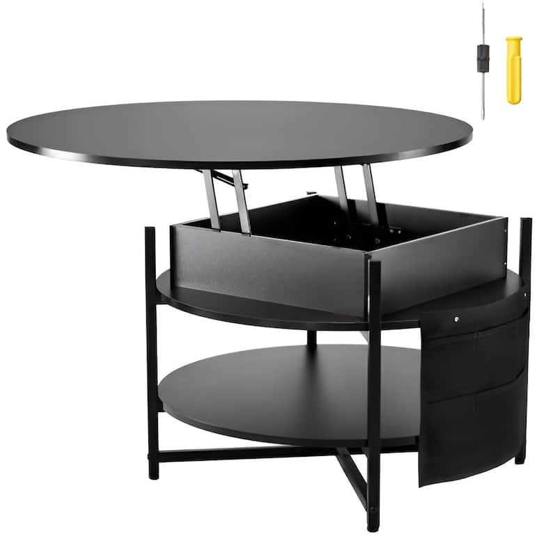 35.3" Round Coffee Table with Lift Top, Hidden Storage & Open Shelf