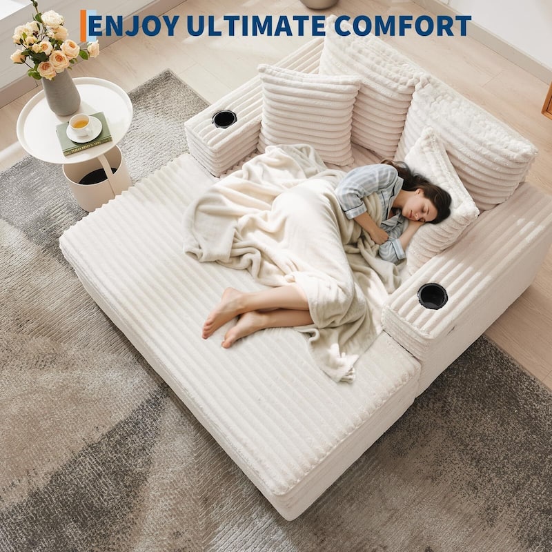 60 Inch Upholstered Sofa Bed with Throw Pillows and Armrests, Comfy Corduroy