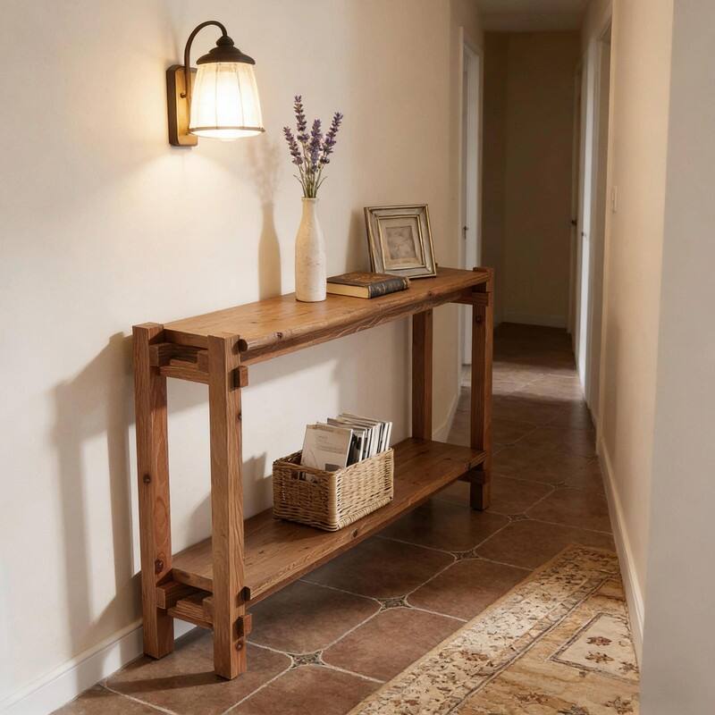 63" Solid Wood Rustic Console Table with Dual Shelves and Sturdy Legs