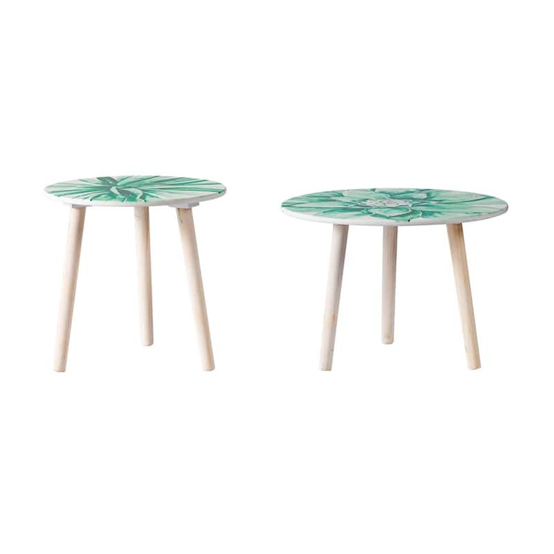 GDFStudio - S/2 Nature-Inspired Side Tables with Painted Cherry Blossom Tops - 21.7"