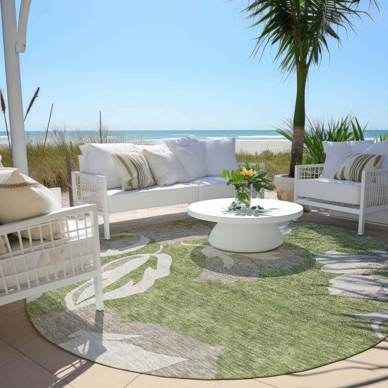 Machine Washable Indoor/ Outdoor Chantille Floral Contemporary Rug - Olive - 8' x 8'