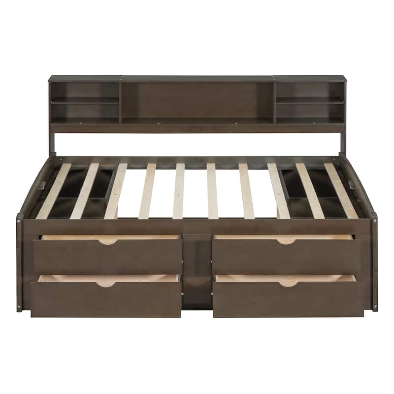 Full Size Daybed with Storage Bookcase and 4 Drawers, Wood Daybed Frame Sofa Bed with Upper Shelves and 2 Bedside Cabinets