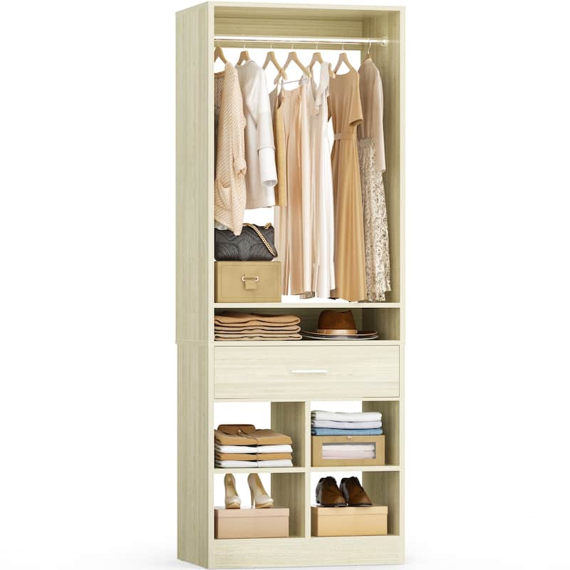 24.5'' W Freestanding Closet System with Wood Drawer and 5 Open Storage Shelves and Hanging Rods, - White Oak
