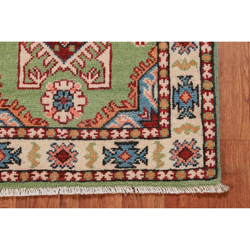 Geometric Green Kazak Oriental Accent Foyer Rug Handmade Wool Carpet - 2'0"x 3'0"