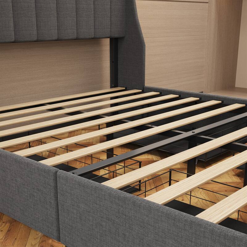 Full Size Bed Frame with LED Lights, 4 Storage Drawers, Wings Headboard, Dark Grey
