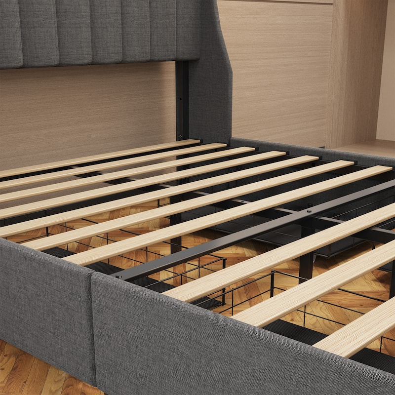 Upholstered Platform Bed Frame with Led Lights and Storage Rack, 4 Under-bed Storage Drawers, No Box Spring Needed, Metal Frame