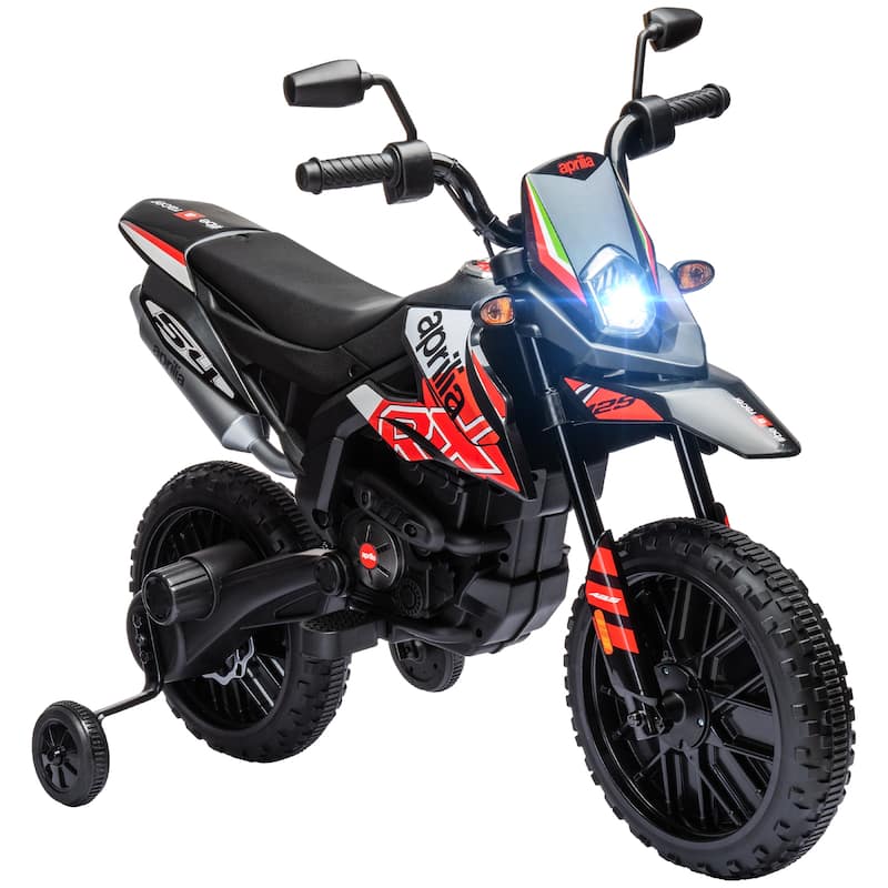 Aprilia Licensed 12V Kids Electric Dirt Bike with Training Wheels, Music, USB Port, and Headlight - Red
