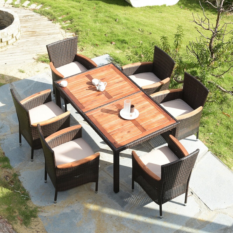 Costway 7PCS Patio Rattan Dining Set 6 Stackable Chairs Cushioned