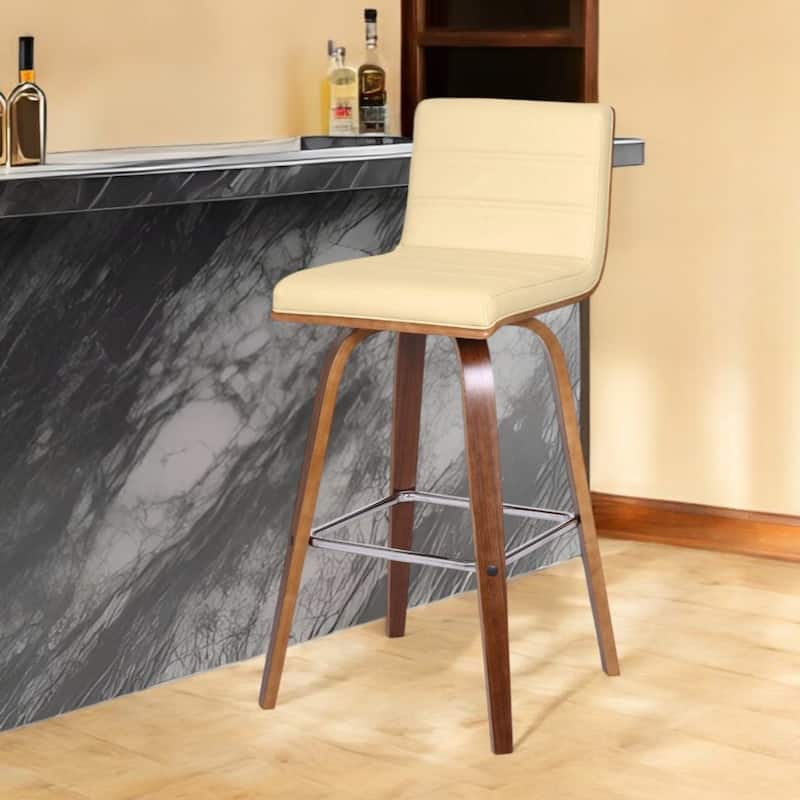 Modern Swivel Bar Stool with Low Backrest and Footrest Upholstered Walnut Finish Solid Wood Frame