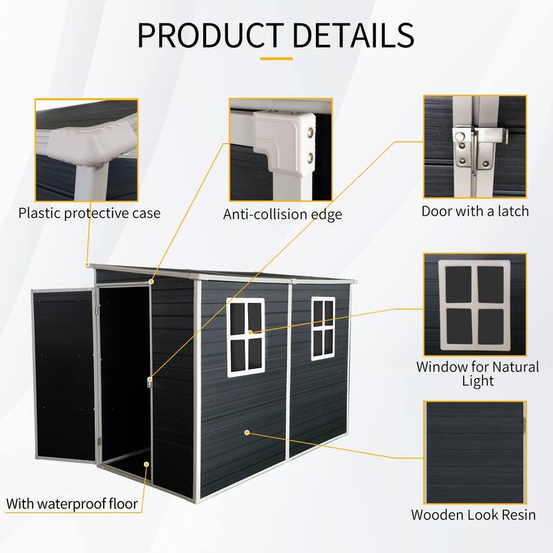 Outdoor Storage Shed Resin Plastic Lockable Waterproof UV Resistant with Windows Black - 8.01’ (L) x 4’ (W) x 5.68’ (H)
