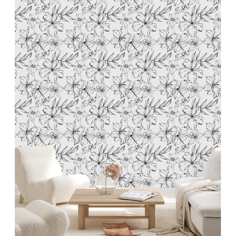 Black and White Floral Wallpaper Peel and Stick and Prepasted - Bed