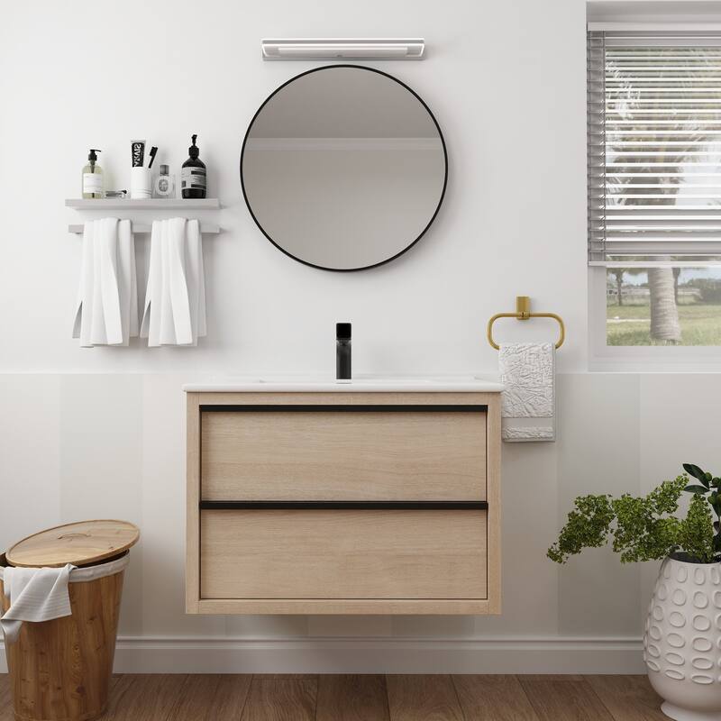 Wall-Mounted Plywood Bathroom Vanity Set in Plain Light Oak with Integrated Sink