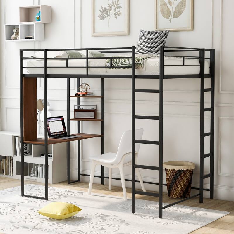 Twin Size High Loft Bed with Desk & Shelves, Metal Loft Bed Twin Size, Metal & Wood Loftbed Frame, for Kids Boys Girls Bedroom