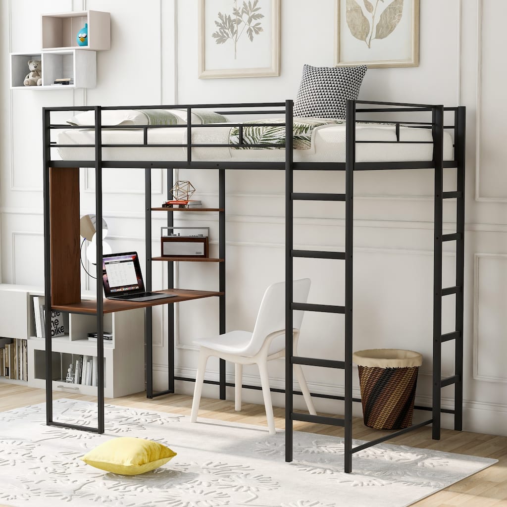 Twin Size Metal Loft Bed with Desk and Shelves, Black Finish