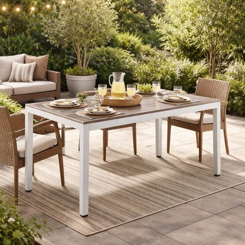 Fifi 71 Inch Outdoor Dining Table, Gray Polyresin Top, White Aluminum Frame