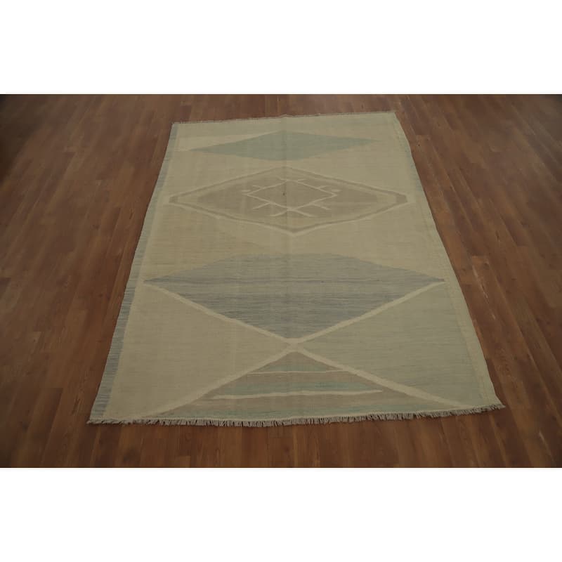 Hand Woven Oriental 100% Wool Carpet Southwestern Modern Beige & Ivories Kilim Area Rug - 6' 5'' X 4' 8''