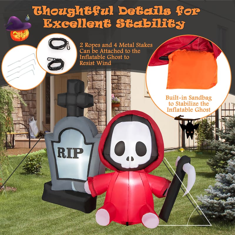 Gymax 5FT Halloween Inflatable Tombstone & Reaper Combo w/ LED &
