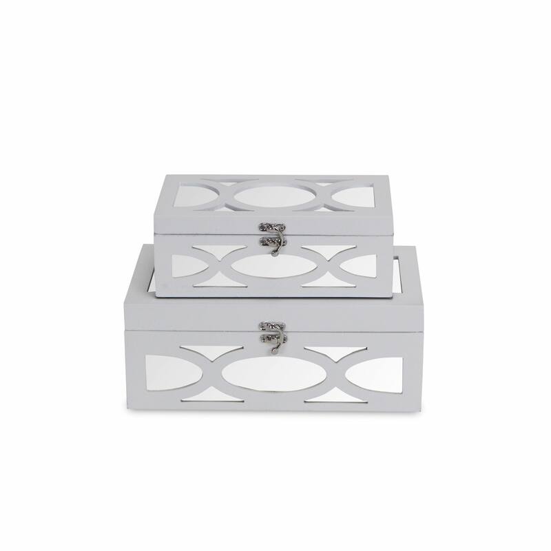 HomeRoots Set of Two White Mirrored Glass And Wood Box With Lid