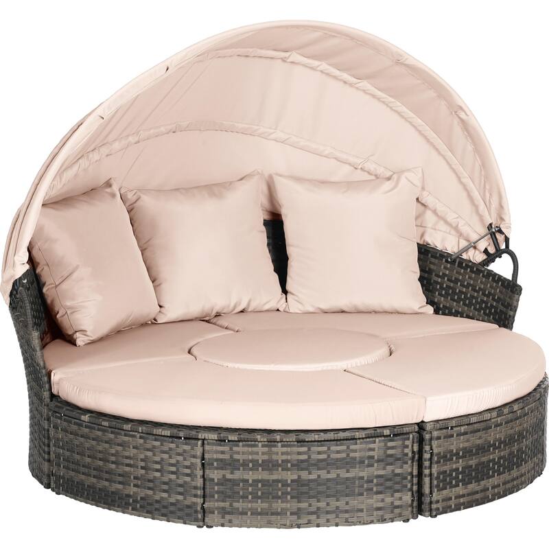 5 Pieces Outdoor Patio Rattan Round Daybed Sunbed with Retractable Canopy and Removable Cushions