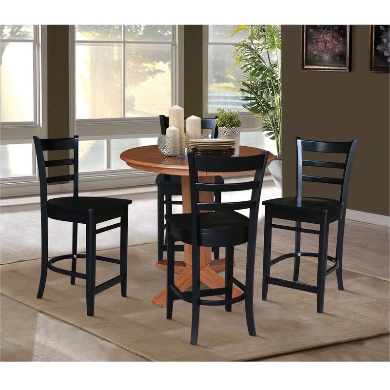 36 in Solid Wood Round Top Pedestal Dining Table with Stools in Distressed Oak/Black