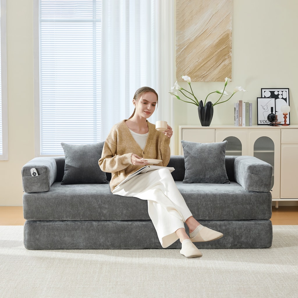 GALDWIN Chenille Upholstered Convertible Folding Sofa Bed with Pillows for Living Room