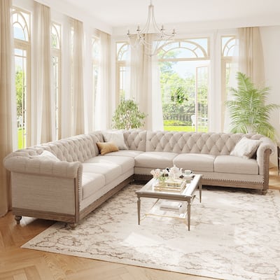 Large Sectional Sofa, Retro, Beige Polyester, Wooden Legs for Living Room