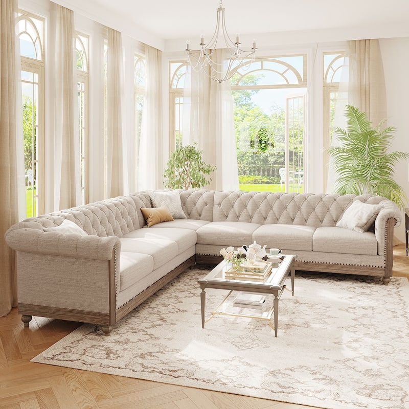 Roomfitters Comfy Large Sectional Sofa with Wooden Legs, Retro Upholstered Couch for Living Room - Beige