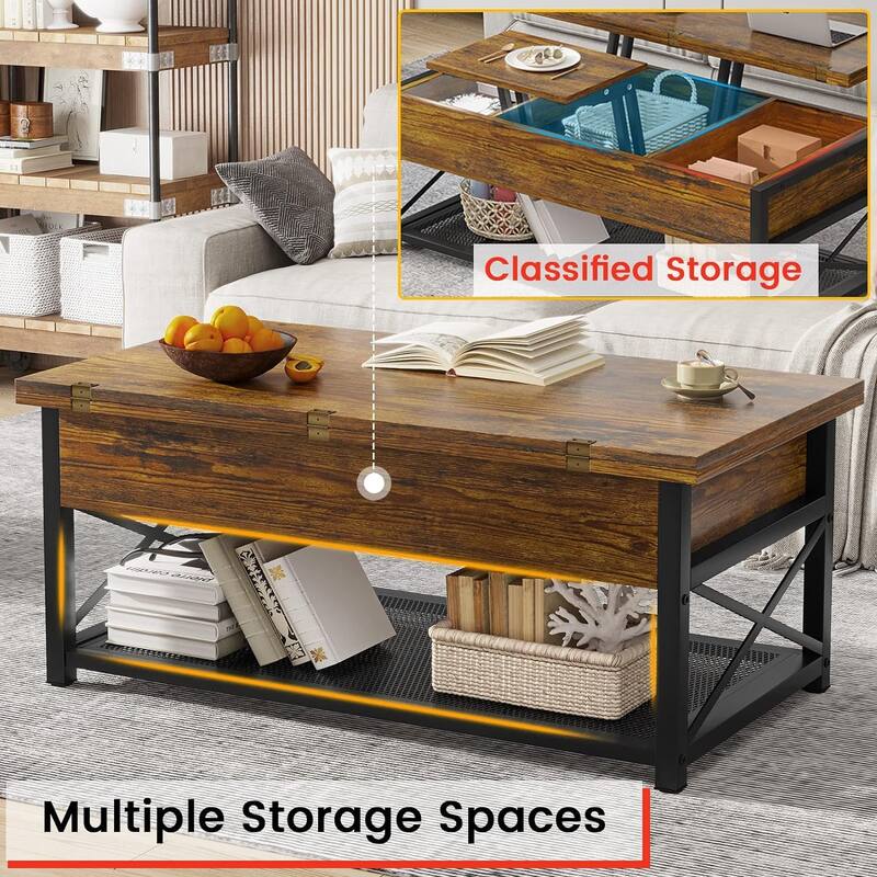 Lift Top Coffee Table Open Storage Shelf & Hidden Classified Storage