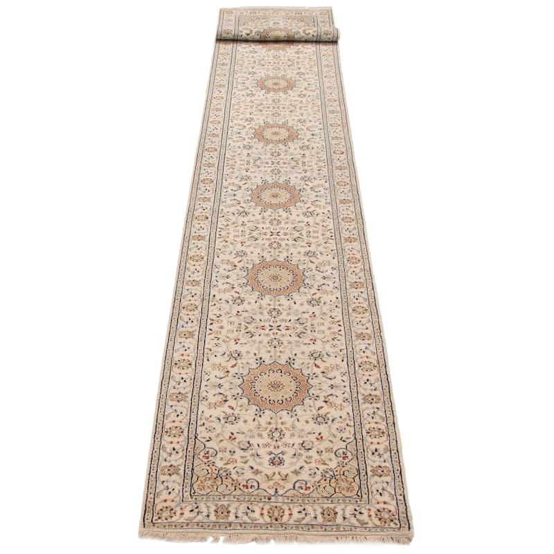 ECARPETGALLERY Hand-knotted Nain Cream Silk, Wool Rug - 2'8 x 30'11