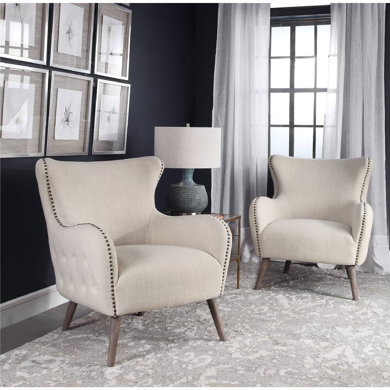 35" Cream Button Tufted Accent Chair with Nailhead Trim and Dowel Legs