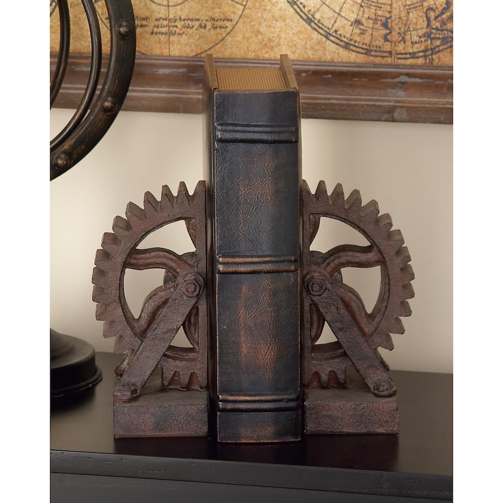 Brown Polystone Gear Decorative Bookends (Set of 2)