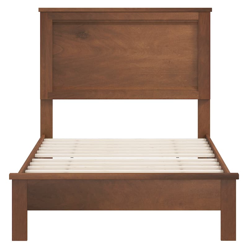 Walnut Rubber Wood Twin Size Platform Bed Frame with Slats Support and Headboard Underbed Storage Space