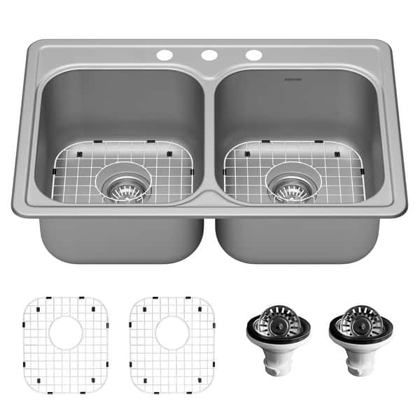 slide 2 of 6, Karran 33" Top Mount 18-Gauge Stainless Steel Double Bowl Kitchen Sink Kit - Silver