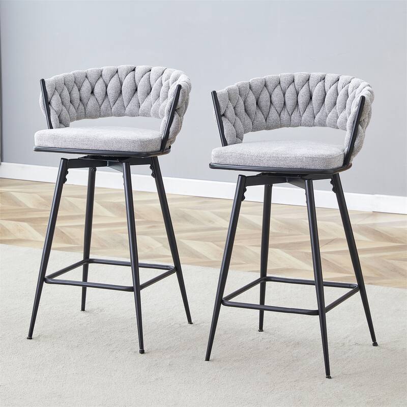Set of 2 Swivel Bar Stools with Breathable Linen Cushions - Light Gray