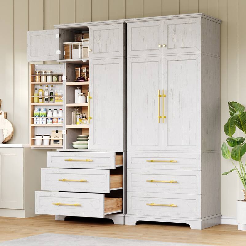 78.2" Tall Farmhouse Pantry Cabinet - 8 Door Shelves, 3 Drawers & Adjustable Shelves, Kitchen Storage Cupboard - White