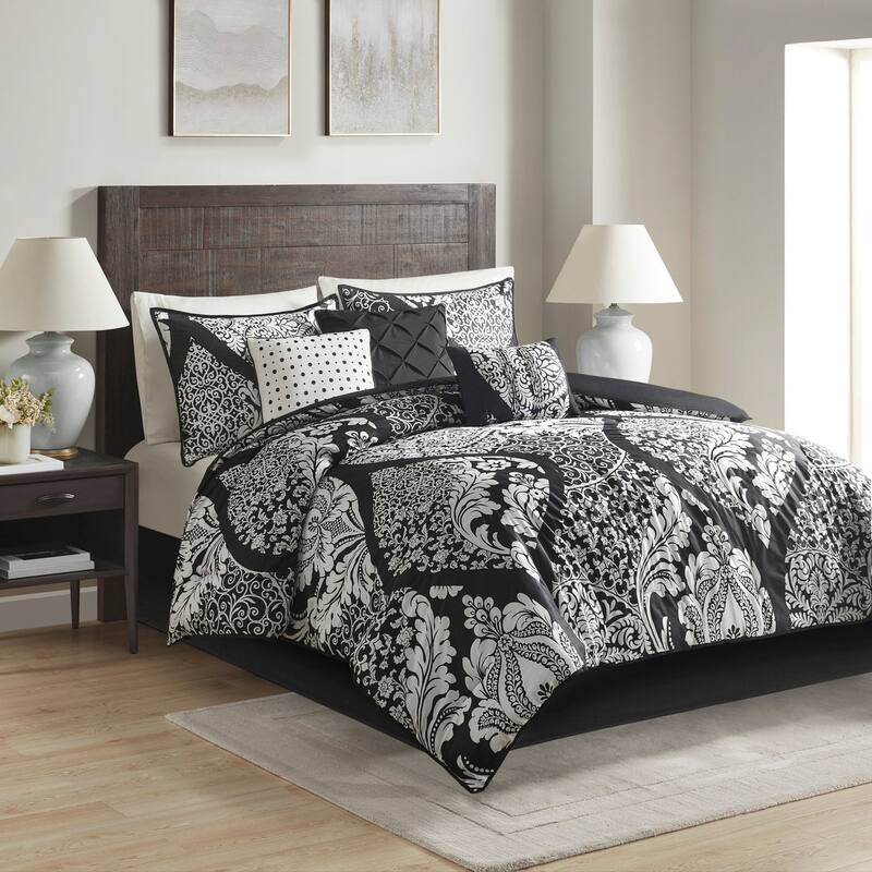 7 Piece Cotton Printed Comforter Set Black Queen - Black