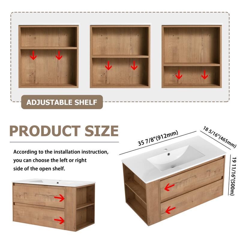 35.9-Inch Modern Bathroom Vanity with Ceramic Sink, Adjustable Side Shelf, Soft-Close Drawers, and 45° Beveled Invisible Handle
