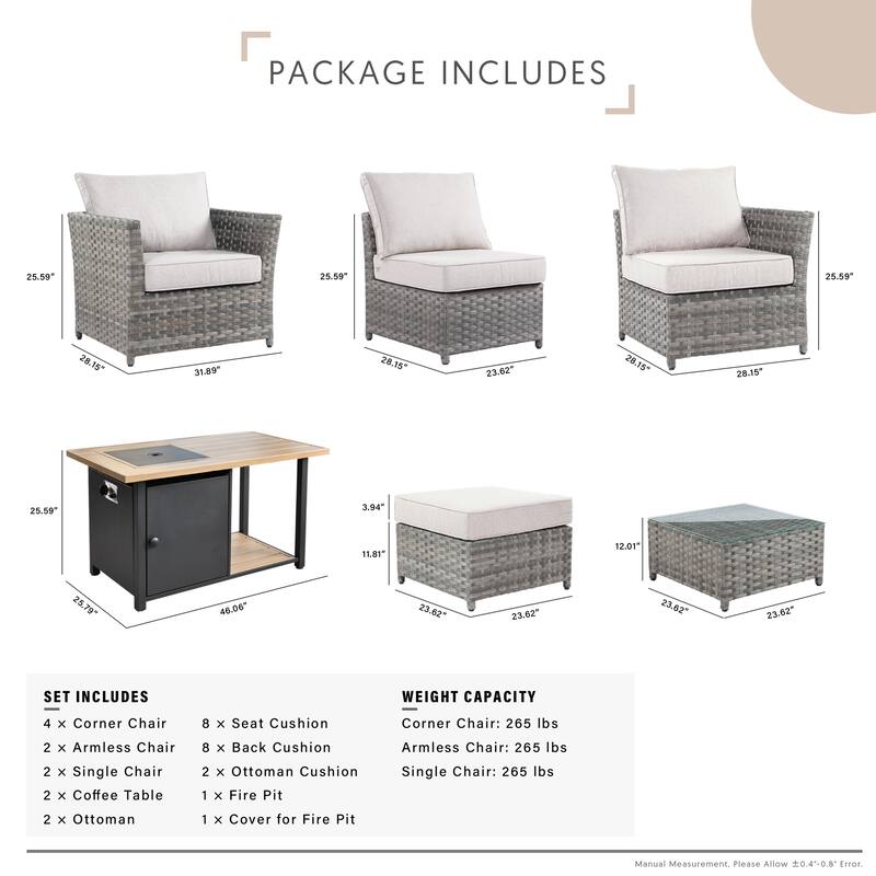HOOOWOOO 13-piece Grey Wicker Rattan Patio Outdoor Sectional Set with Fire Pit
