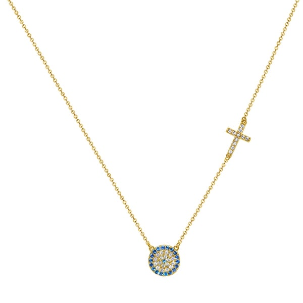 14k Yellow Gold Cubic Zirconia Evil Eye with Cross Necklace