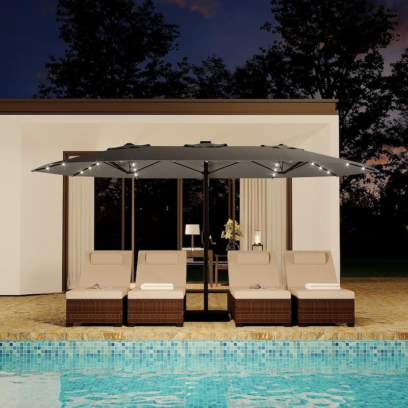 15FT Rectangular Patio Umbrella with Solar Lights & Base Included - Large Patio Umbrella with Crank Handle, UV