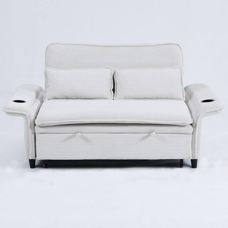 65.7" Corduroy Upholstered Pull-out Sofa With Cup Holder